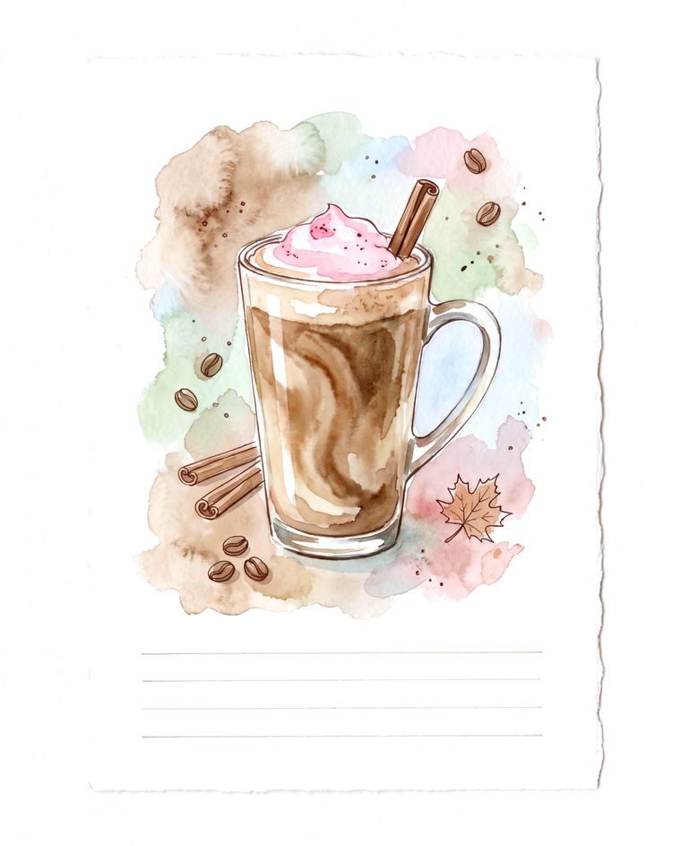 A watercolour sketch of a recipe card with a tall autumn latte.