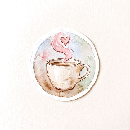 A watercolour sketch of a round sticker with a coffee cup.
