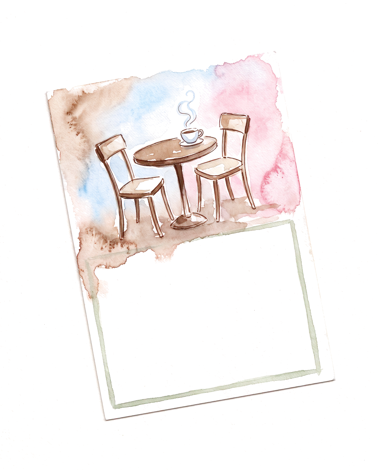A watercolour sketch of a card with a little café table and two chairs.